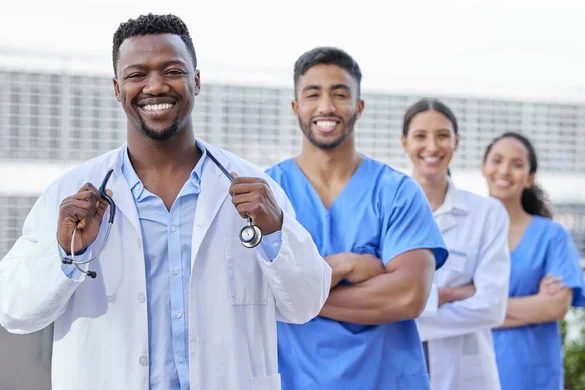 Health professionals outside a hospital
